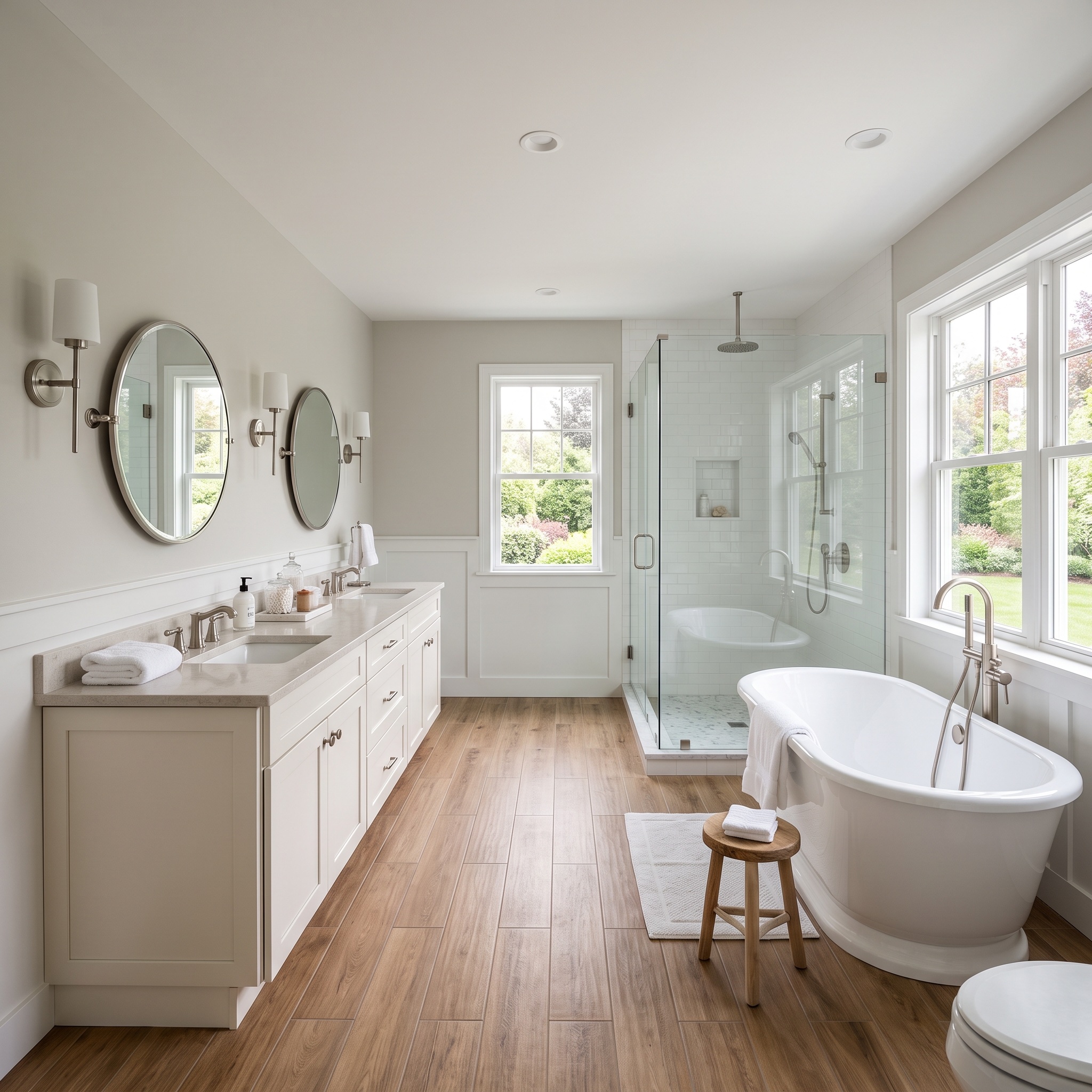 a spacious primary bathroom with double vanity, freestanding tub and walk-in shower